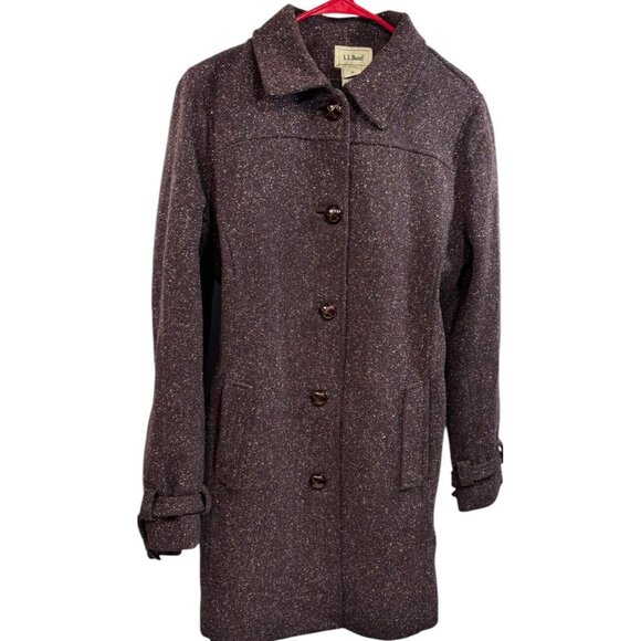 Vtg LL Bean Womens Medium Peacoat Wool Blend Purple Belted Tweed Lined Silk Y2K - Picture 3 of 8